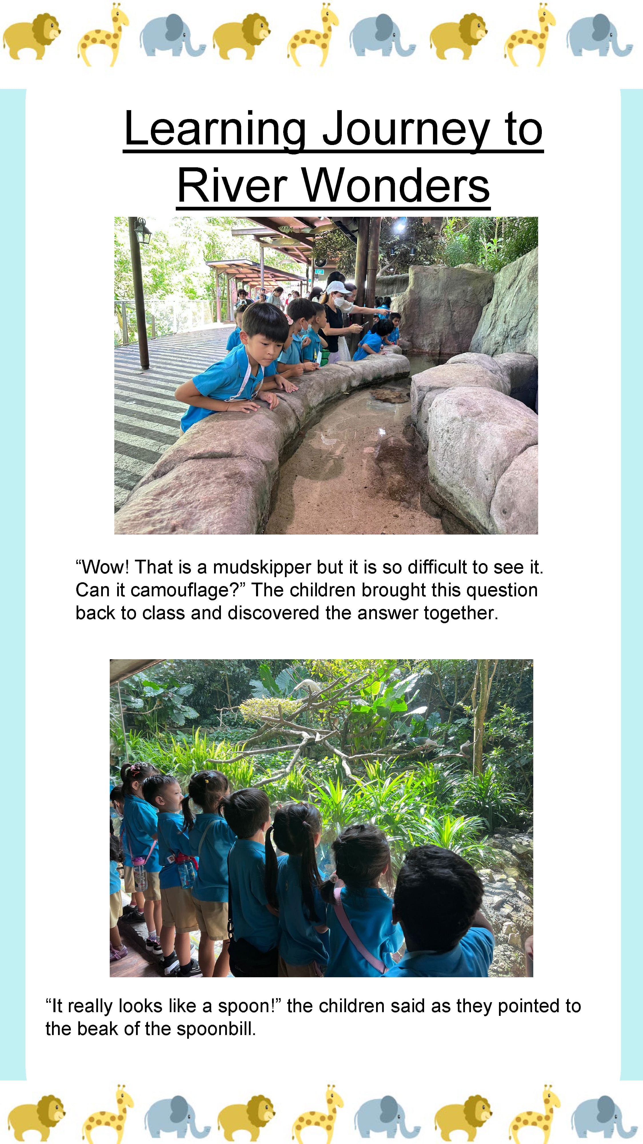 Children observe river wildlife, including mudskippers and spoonbills, sparking curiosity and scientific inquiry about animals.